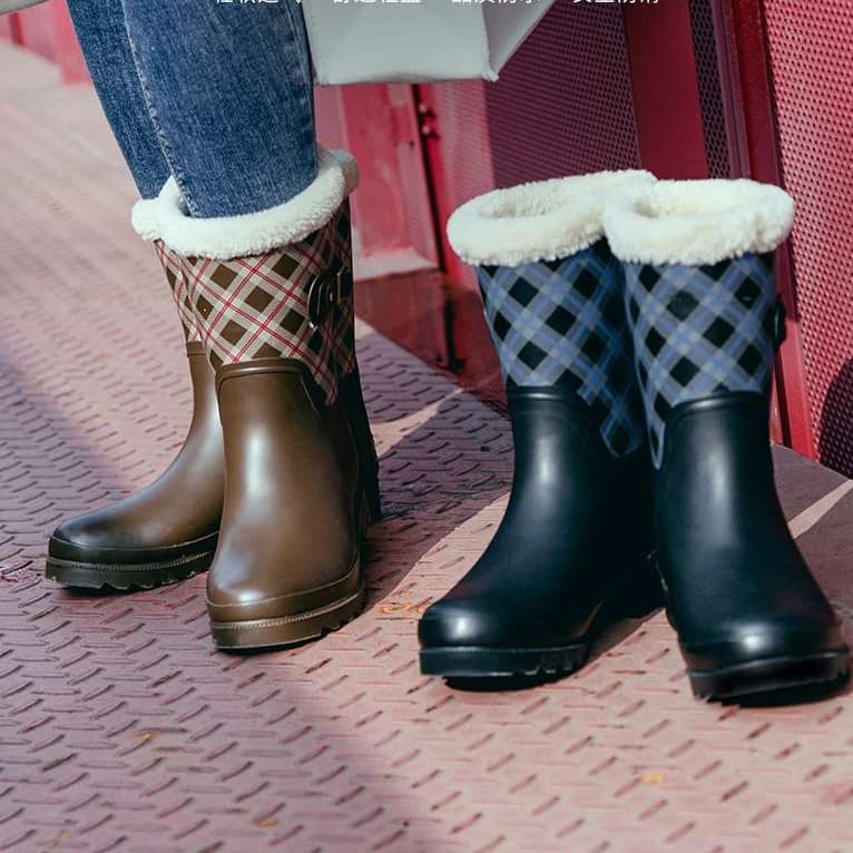長靴レディース 温かみあふれるチェック柄レインブーツ