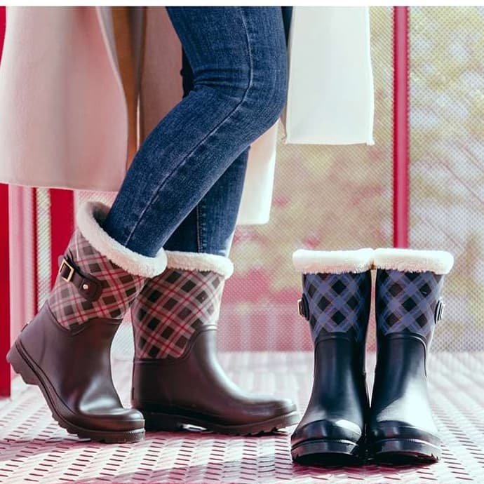 長靴レディース 温かみあふれるチェック柄レインブーツ