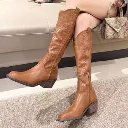 長靴レディース 復古風刺繍入りロング丈乗馬ブーツ