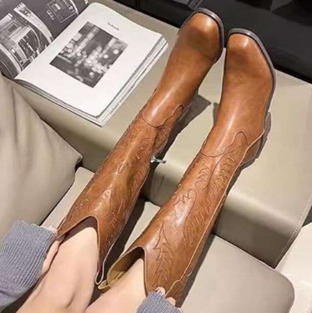 長靴レディース 復古風刺繍入りロング丈乗馬ブーツ