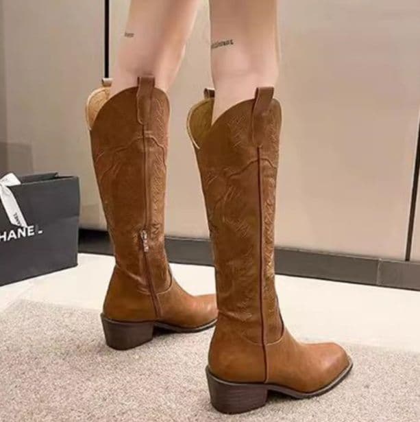 長靴レディース 復古風刺繍入りロング丈乗馬ブーツ