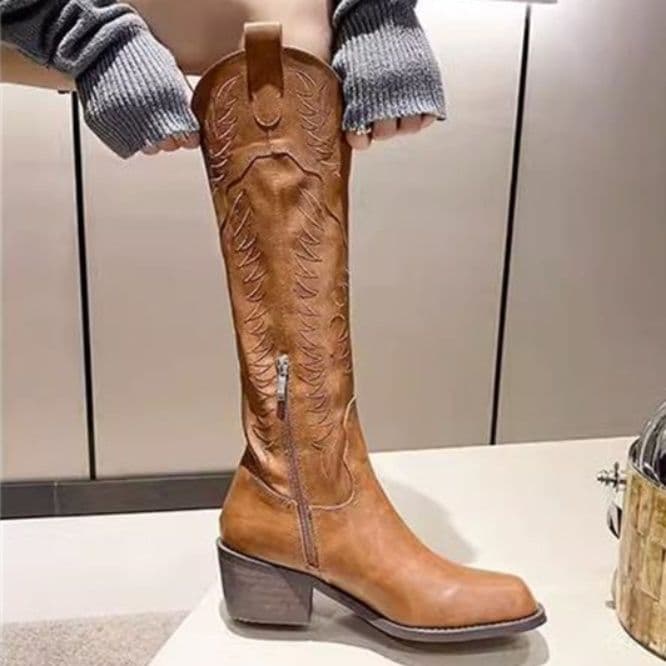 長靴レディース 復古風刺繍入りロング丈乗馬ブーツ