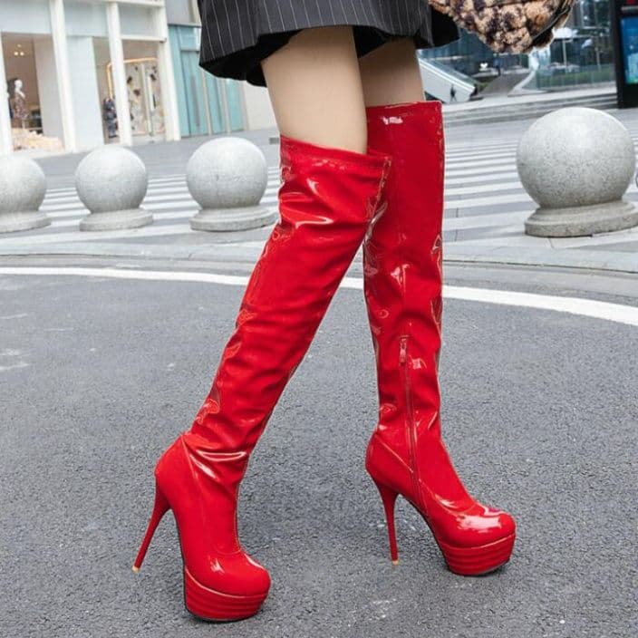 長靴レディース 膝上丈エナメル長靴 超ハイヒール光沢ロング丈ブーツ