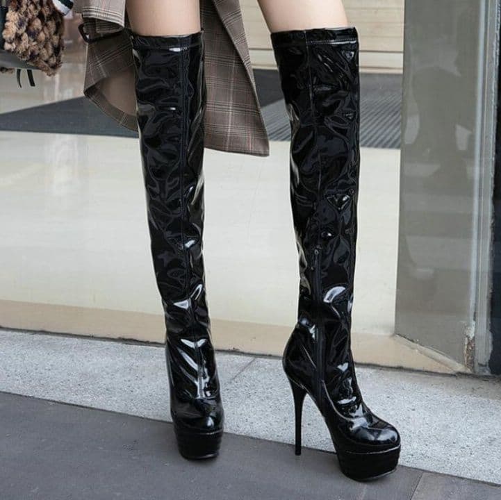 長靴レディース 膝上丈エナメル長靴 超ハイヒール光沢ロング丈ブーツ