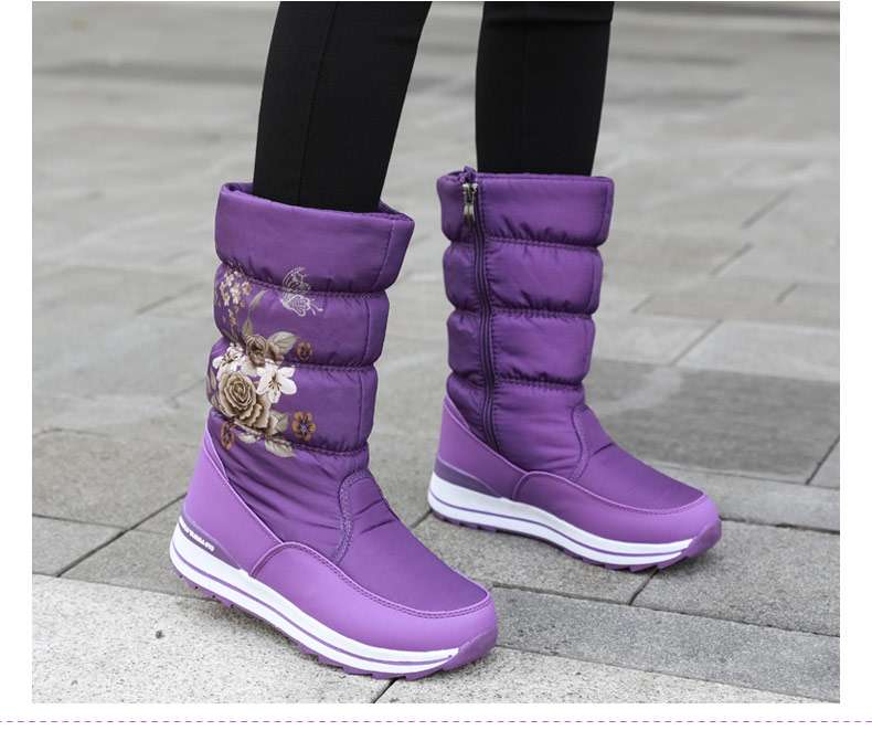 長靴レディース 長靴 花柄刺繍入り防寒ブーツ