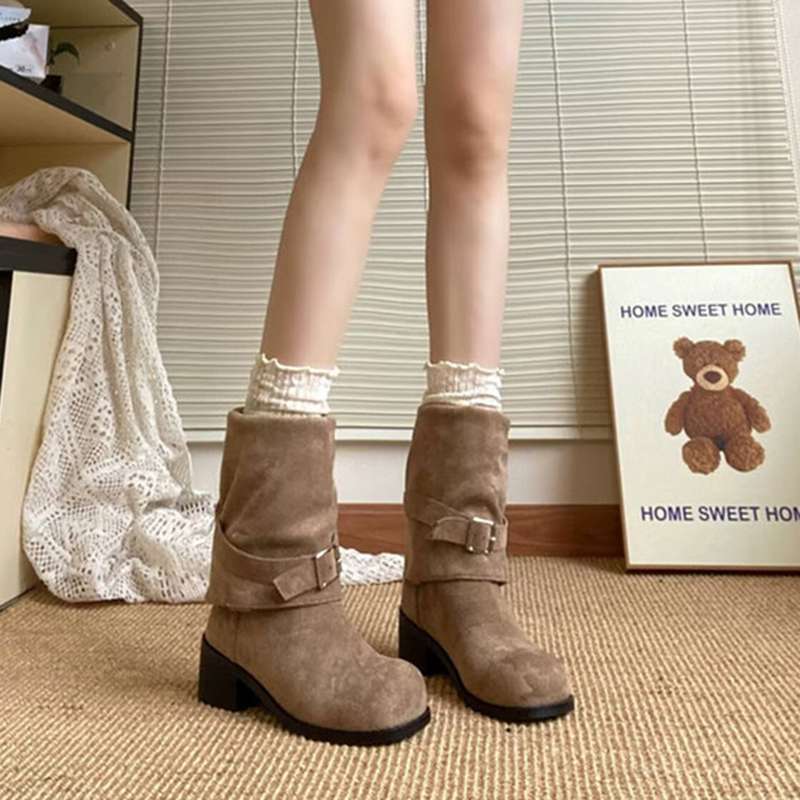 長靴レディース 長靴 ビンテージ風バックルブーツ