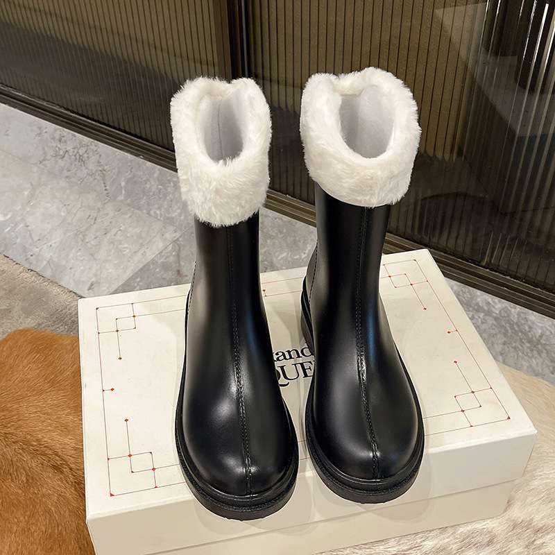 長靴レディース 長靴 もこもこファー付き防水ブーツ