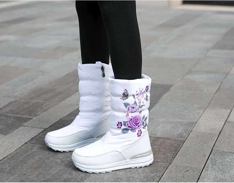 長靴レディース 長靴 花柄刺繍入り防寒ブーツ