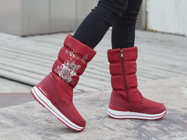 長靴レディース 長靴 花柄刺繍入り防寒ブーツ
