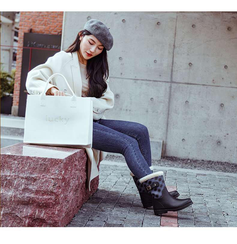 長靴レディース 温かみあふれるチェック柄レインブーツ