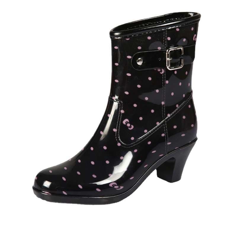 長靴レディース 長靴 ドット柄 ヒール付き レインブーツ