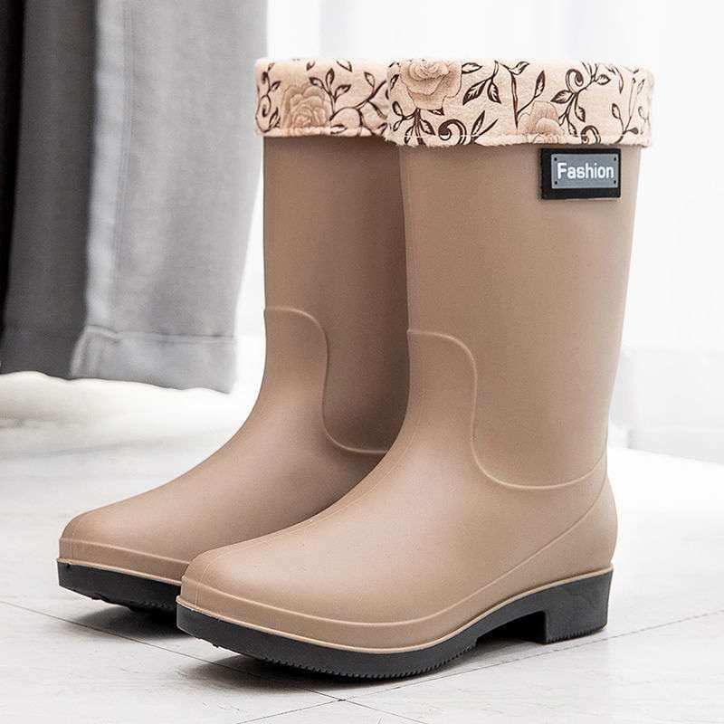 長靴レディース 長靴 花柄ファー付きレインブーツ