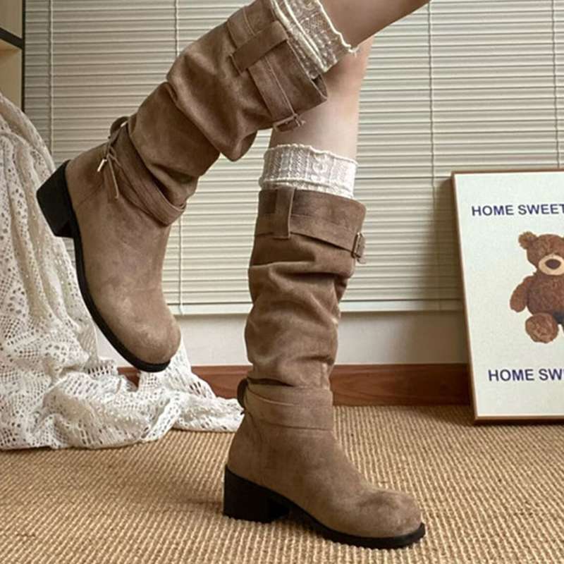 長靴レディース 長靴 ビンテージ風バックルブーツ