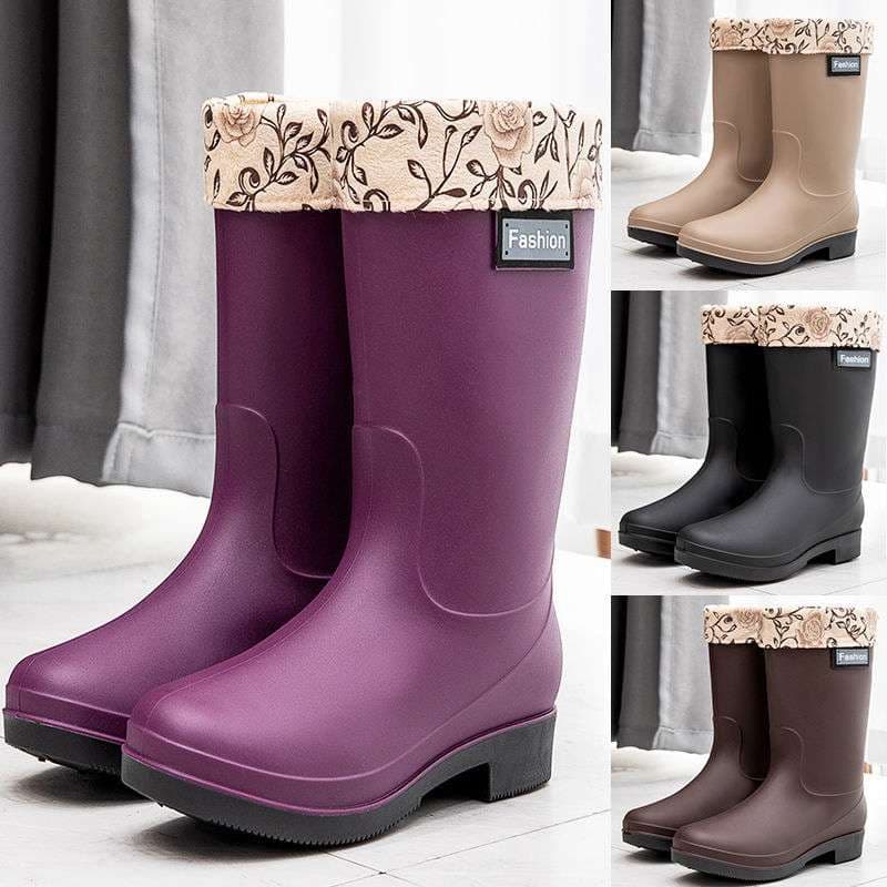 長靴レディース 長靴 花柄ファー付きレインブーツ