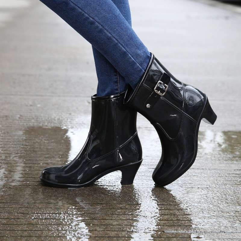 長靴レディース 長靴 ドット柄 ヒール付き レインブーツ