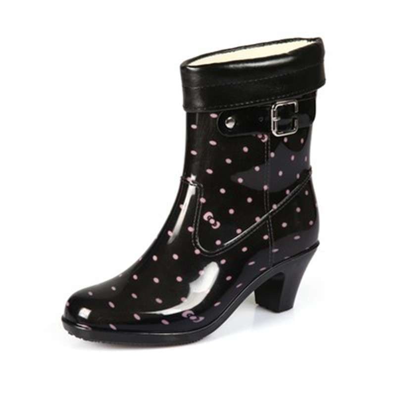長靴レディース 長靴 ドット柄 ヒール付き レインブーツ