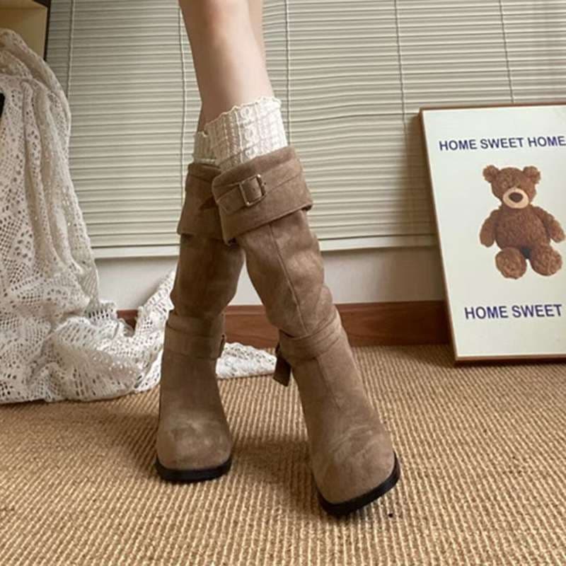 長靴レディース 長靴 ビンテージ風バックルブーツ