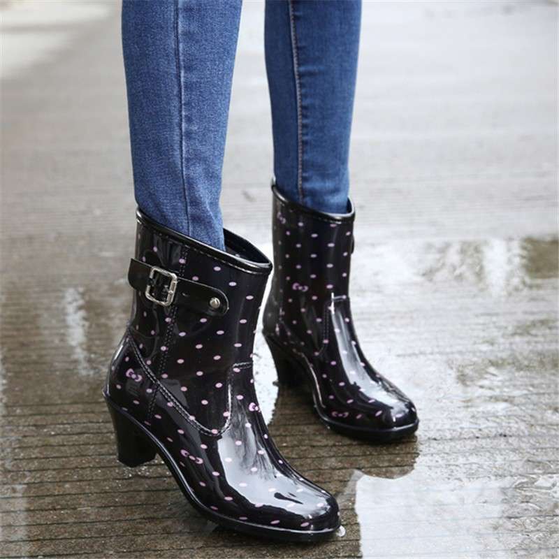 長靴レディース 長靴 ドット柄 ヒール付き レインブーツ