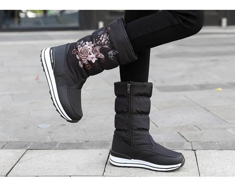 長靴レディース 長靴 花柄刺繍入り防寒ブーツ