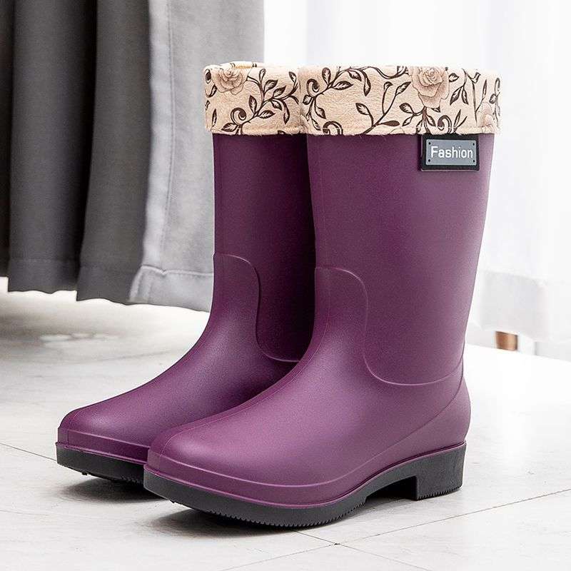長靴レディース 長靴 花柄ファー付きレインブーツ