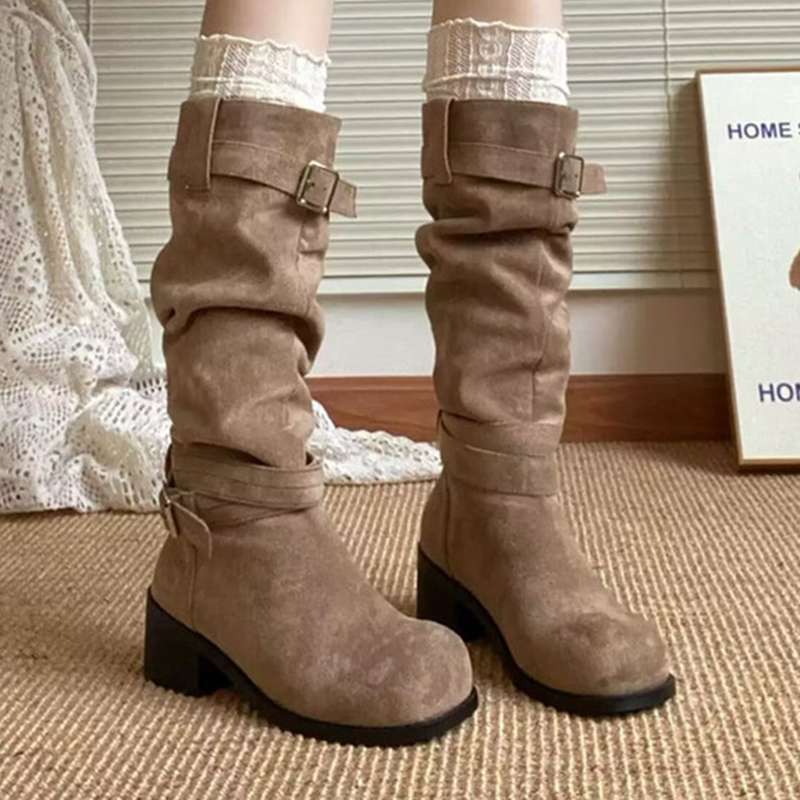 長靴レディース 長靴 ビンテージ風バックルブーツ