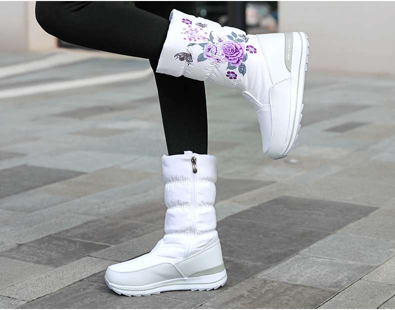 長靴レディース 長靴 花柄刺繍入り防寒ブーツ