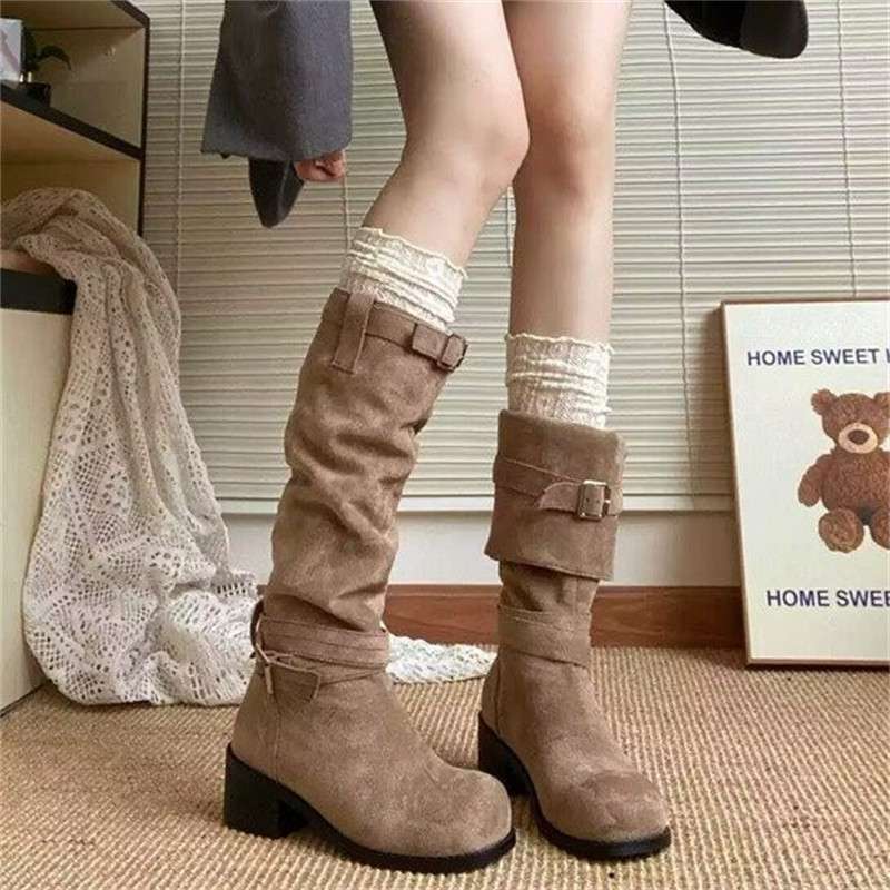 長靴レディース 長靴 ビンテージ風バックルブーツ